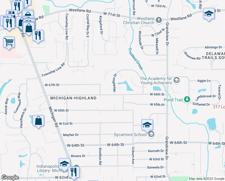 map of restaurants, bars, coffee shops, grocery stores, and more near 2031 Cycling Lane in Indianapolis