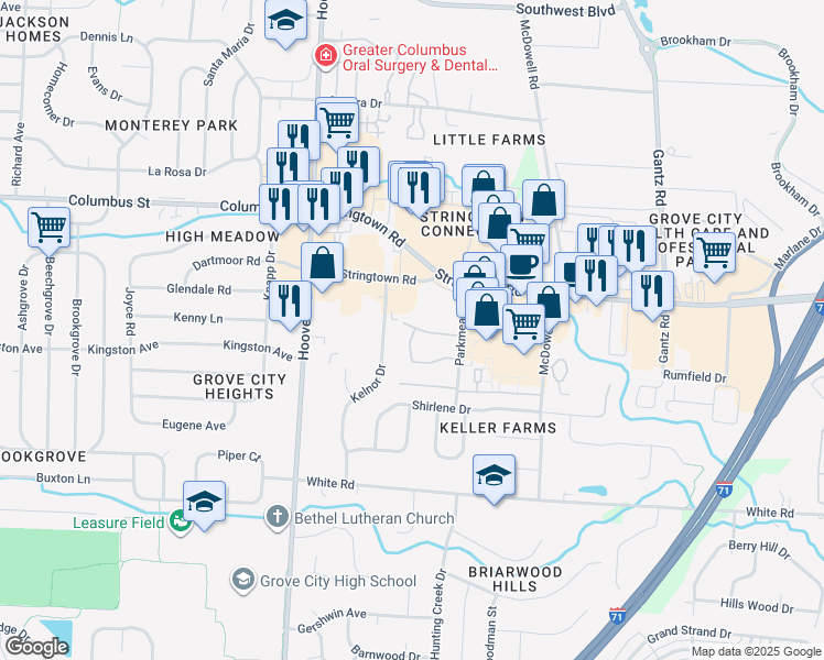 map of restaurants, bars, coffee shops, grocery stores, and more near 4239 Springport Drive in Grove City