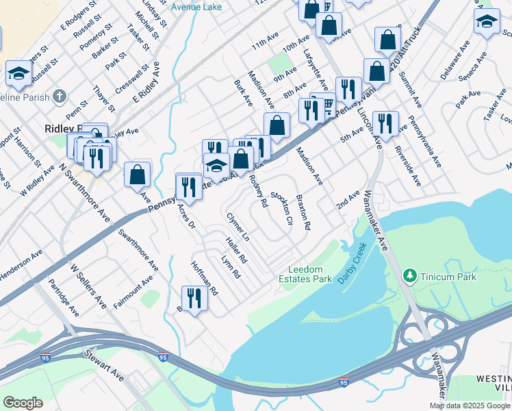 map of restaurants, bars, coffee shops, grocery stores, and more near 604 Stockton Circle in Ridley Park