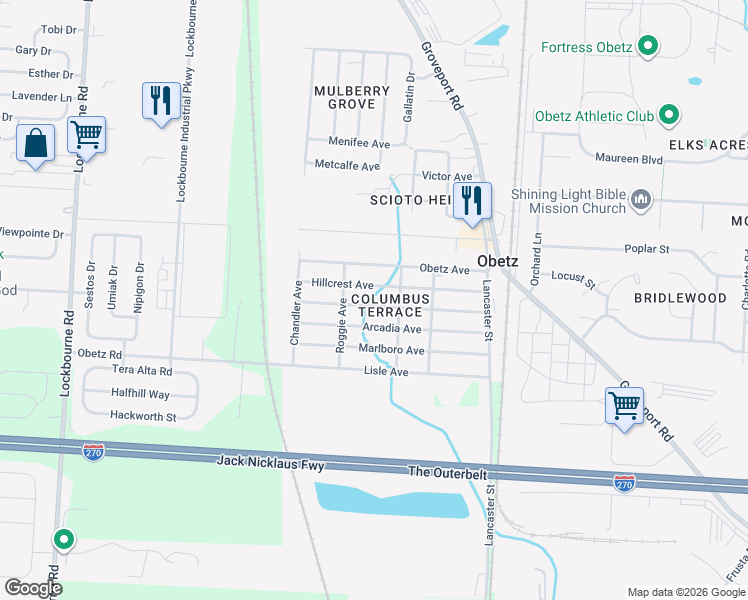 map of restaurants, bars, coffee shops, grocery stores, and more near 1690 Meriline Avenue in Obetz