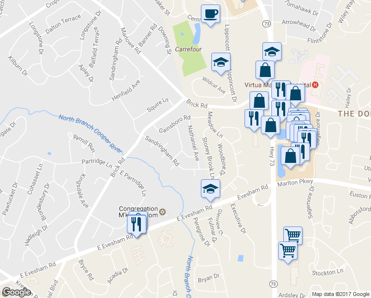 map of restaurants, bars, coffee shops, grocery stores, and more near 215 Monterey Avenue in Cherry Hill