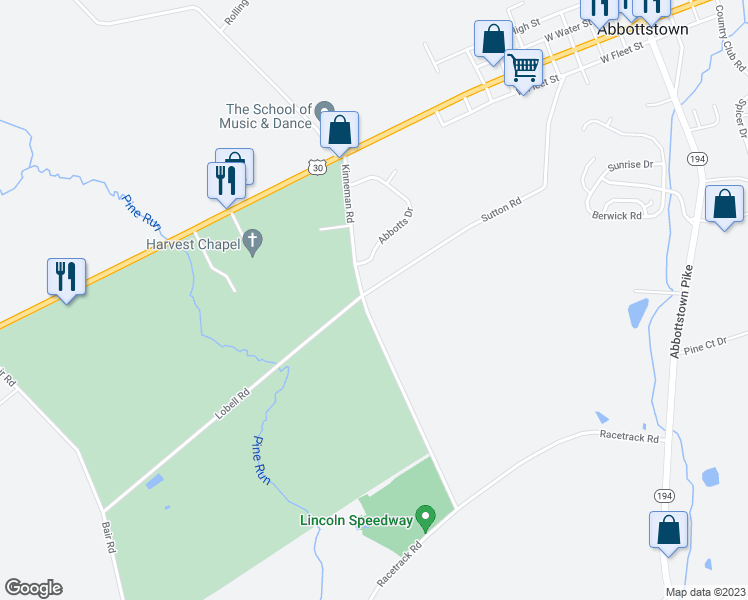 map of restaurants, bars, coffee shops, grocery stores, and more near 180 Kinneman Road in Abbottstown