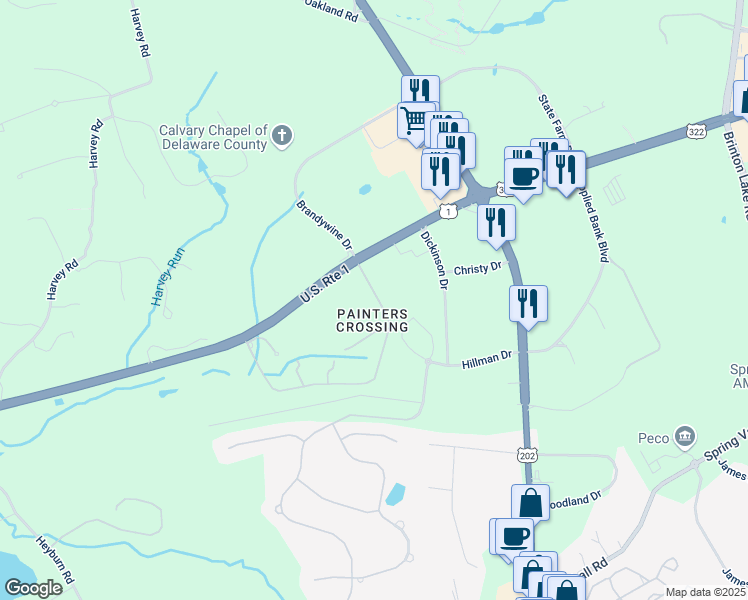 map of restaurants, bars, coffee shops, grocery stores, and more near 1407 Painters Crossing in Chadds Ford