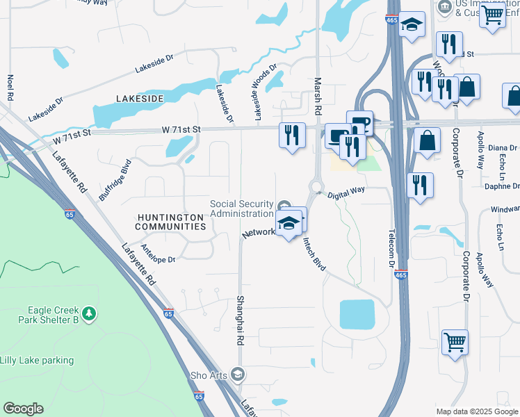 map of restaurants, bars, coffee shops, grocery stores, and more near 6620 Network Way in Indianapolis
