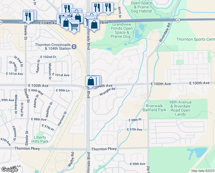 map of restaurants, bars, coffee shops, grocery stores, and more near 4210 East 100th Avenue in Thornton
