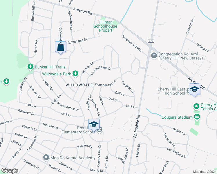 map of restaurants, bars, coffee shops, grocery stores, and more near 1054 Dell Drive in Cherry Hill