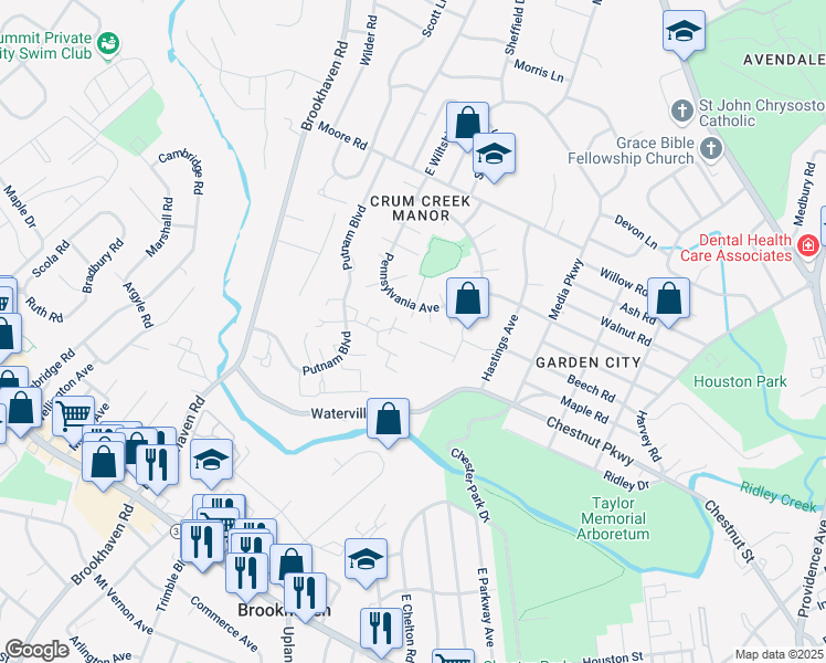 map of restaurants, bars, coffee shops, grocery stores, and more near 358 Saybrook Lane in Nether Providence Township