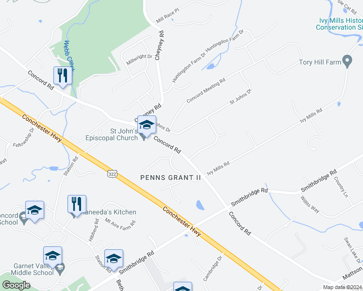 map of restaurants, bars, coffee shops, grocery stores, and more near 547 Concord Road in Glen Mills