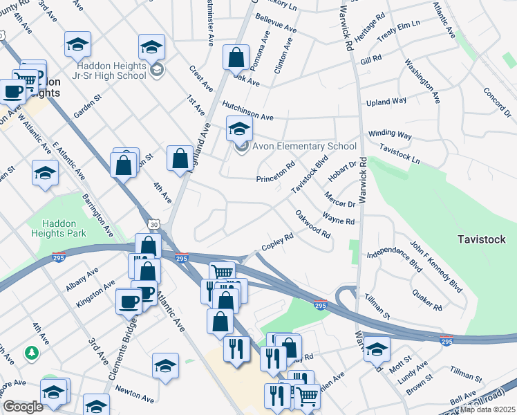 map of restaurants, bars, coffee shops, grocery stores, and more near 958 Chesterfield Road in Haddonfield