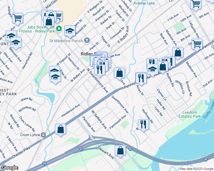 map of restaurants, bars, coffee shops, grocery stores, and more near in Ridley Park