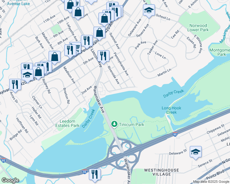map of restaurants, bars, coffee shops, grocery stores, and more near 784 Darby Crescent Road in Prospect Park