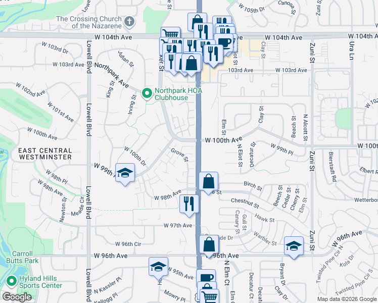 map of restaurants, bars, coffee shops, grocery stores, and more near 9934 Grove Street in Westminster