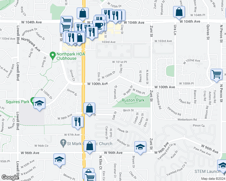 map of restaurants, bars, coffee shops, grocery stores, and more near 9861 Decatur Street in Federal Heights