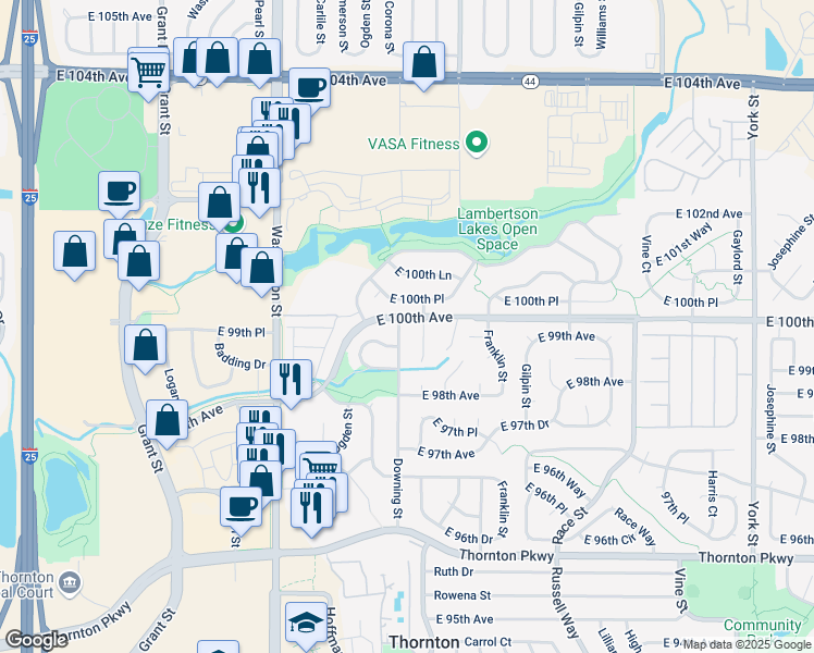 map of restaurants, bars, coffee shops, grocery stores, and more near 9995 Downing Street in Thornton