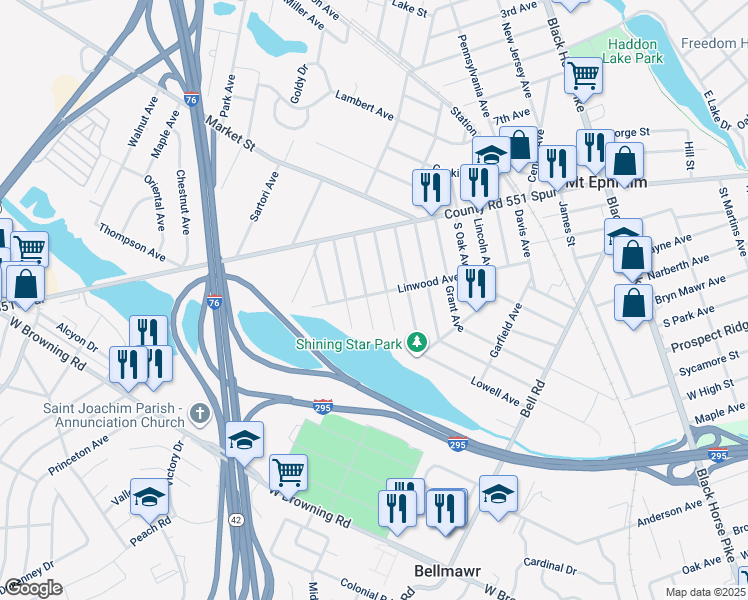 map of restaurants, bars, coffee shops, grocery stores, and more near 106 Jefferson Avenue in Mount Ephraim
