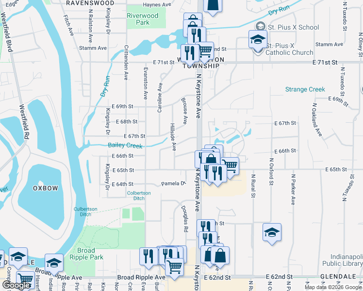 map of restaurants, bars, coffee shops, grocery stores, and more near 6615 Hillside Avenue in Indianapolis