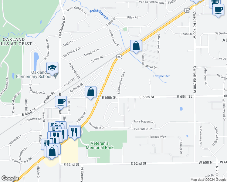 map of restaurants, bars, coffee shops, grocery stores, and more near 6526 Sparrowood Drive in Indianapolis