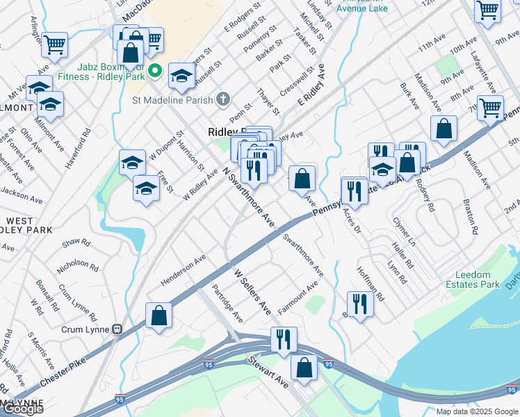map of restaurants, bars, coffee shops, grocery stores, and more near 5 Felton Street in Ridley Park