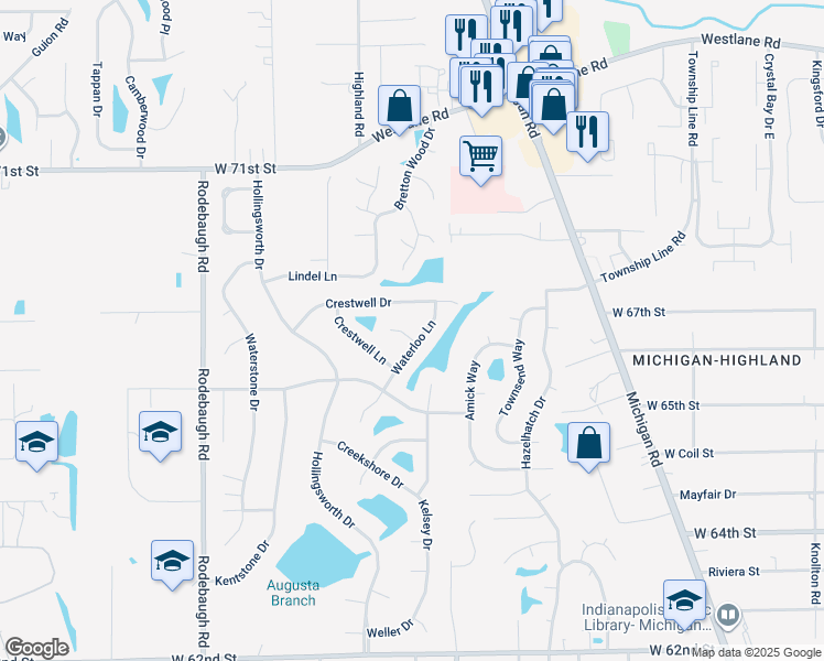 map of restaurants, bars, coffee shops, grocery stores, and more near 3142 Waterloo Circle in Indianapolis