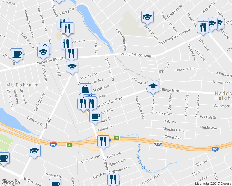 map of restaurants, bars, coffee shops, grocery stores, and more near 1900 South Park Avenue in Haddon Heights
