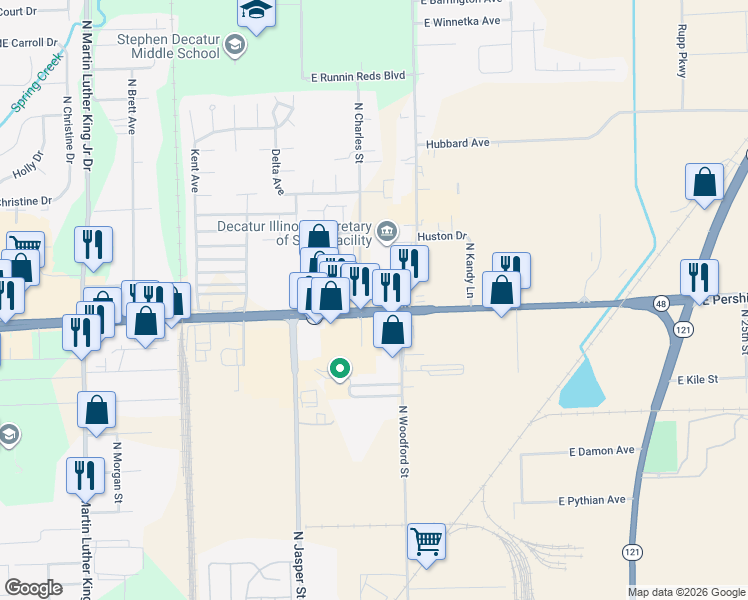 map of restaurants, bars, coffee shops, grocery stores, and more near 1420 East Pershing Road in Decatur