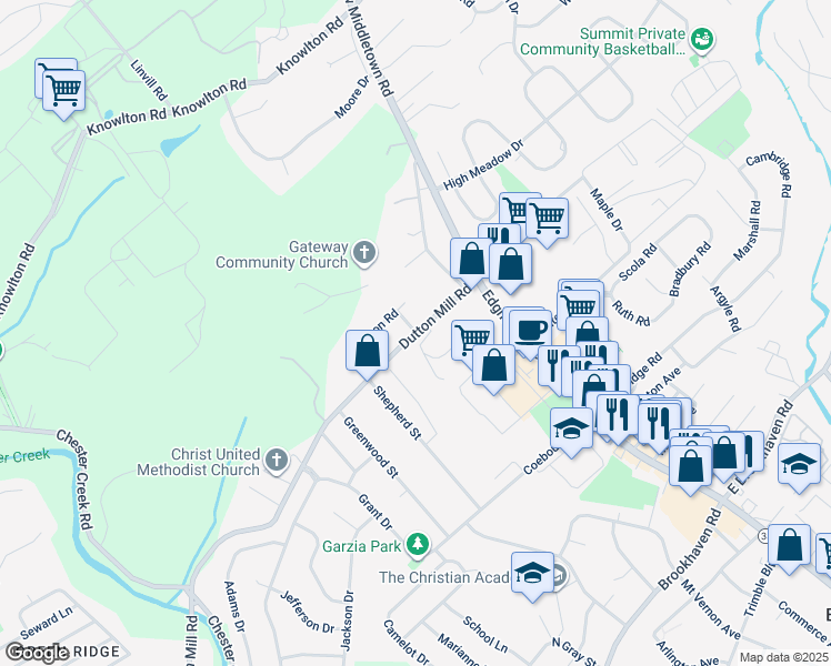 map of restaurants, bars, coffee shops, grocery stores, and more near 150 Dutton Mill Road in Brookhaven