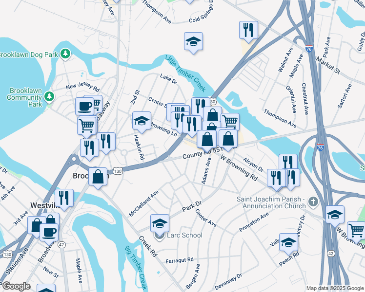 map of restaurants, bars, coffee shops, grocery stores, and more near 690 Crescent Boulevard in Brooklawn