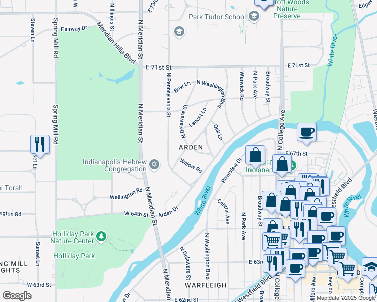 map of restaurants, bars, coffee shops, grocery stores, and more near 6861 Washington Boulevard West in Indianapolis
