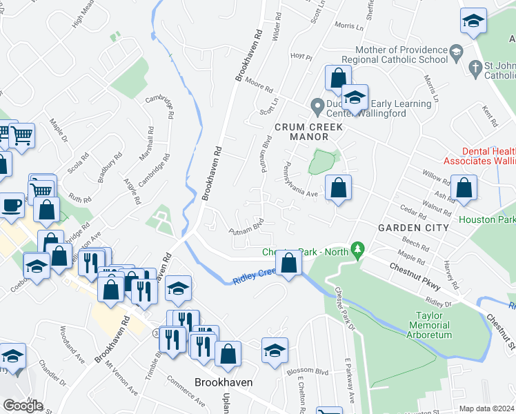 map of restaurants, bars, coffee shops, grocery stores, and more near 997 Putnam Boulevard in Nether Providence Township