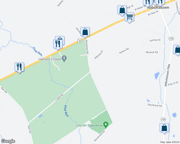 map of restaurants, bars, coffee shops, grocery stores, and more near 20 Lobell Road in Abbottstown