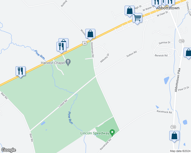 map of restaurants, bars, coffee shops, grocery stores, and more near 86 Lobell Road in Abbottstown