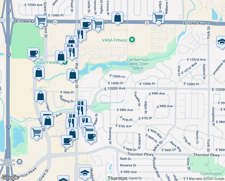 map of restaurants, bars, coffee shops, grocery stores, and more near 9995 Downing Street in Thornton
