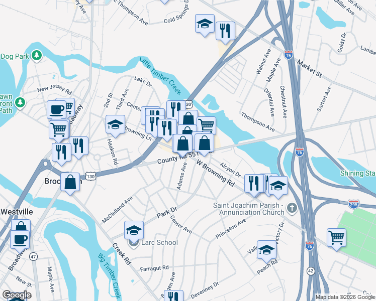 map of restaurants, bars, coffee shops, grocery stores, and more near 785 Browning Lane in Brooklawn