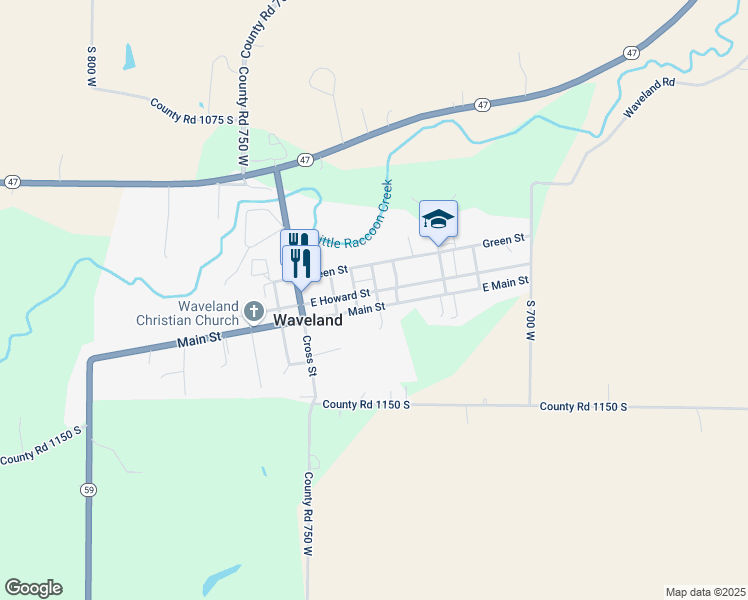 map of restaurants, bars, coffee shops, grocery stores, and more near 302 East Main Street in Waveland