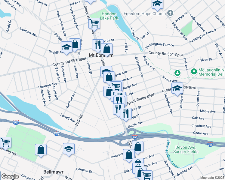 map of restaurants, bars, coffee shops, grocery stores, and more near 270 South Black Horse Pike in Haddon Heights