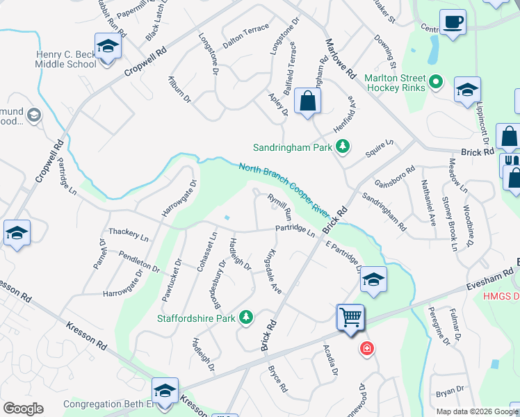 map of restaurants, bars, coffee shops, grocery stores, and more near 1025 Rymill Run in Cherry Hill