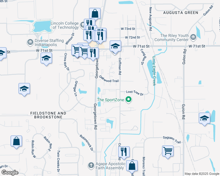 map of restaurants, bars, coffee shops, grocery stores, and more near 4846 Barnwood Road in Indianapolis
