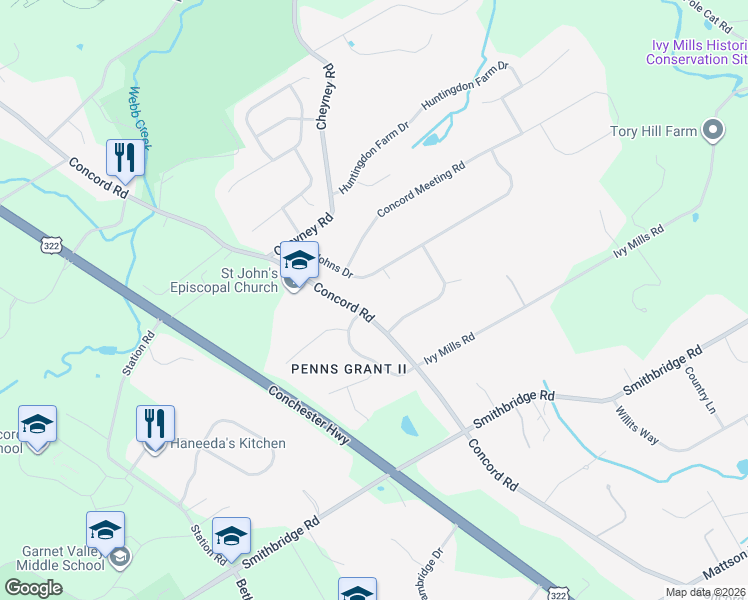 map of restaurants, bars, coffee shops, grocery stores, and more near 547 Concord Road in Glen Mills