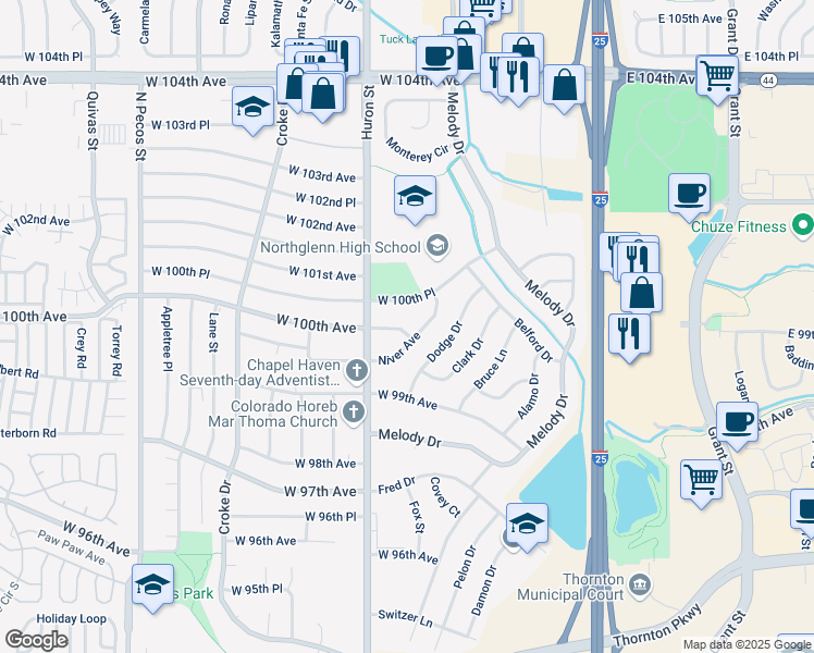 map of restaurants, bars, coffee shops, grocery stores, and more near 708 West 100th Avenue in Northglenn