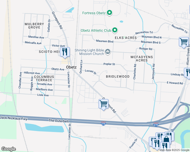 map of restaurants, bars, coffee shops, grocery stores, and more near 2219 Locust Street in Obetz