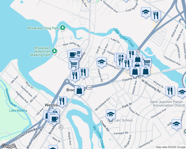 map of restaurants, bars, coffee shops, grocery stores, and more near 219 Noreg Place in Brooklawn