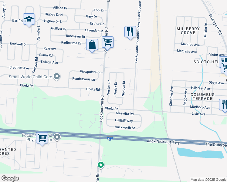 map of restaurants, bars, coffee shops, grocery stores, and more near 4255 Umiak Drive in Columbus