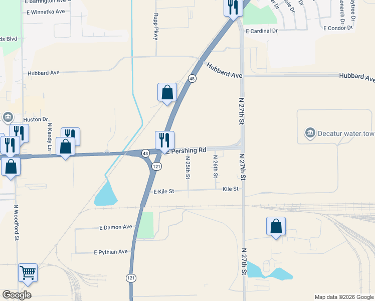 map of restaurants, bars, coffee shops, grocery stores, and more near 2499 E Pershing Rd in Decatur