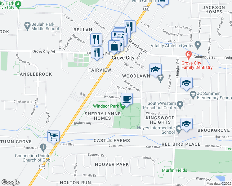 map of restaurants, bars, coffee shops, grocery stores, and more near 4251 Bonnie Avenue in Grove City