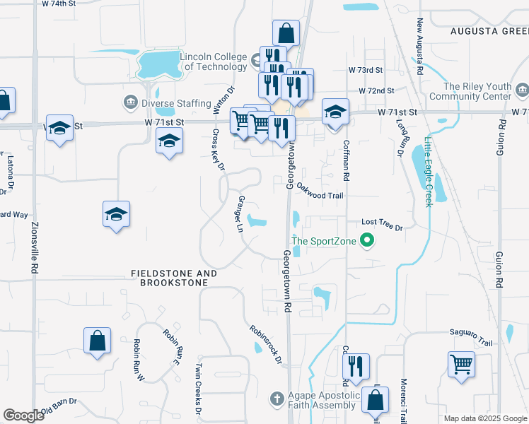 map of restaurants, bars, coffee shops, grocery stores, and more near 5007 Granger Court in Indianapolis