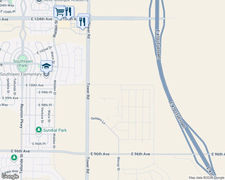 map of restaurants, bars, coffee shops, grocery stores, and more near 9888 Tower Road in Commerce City