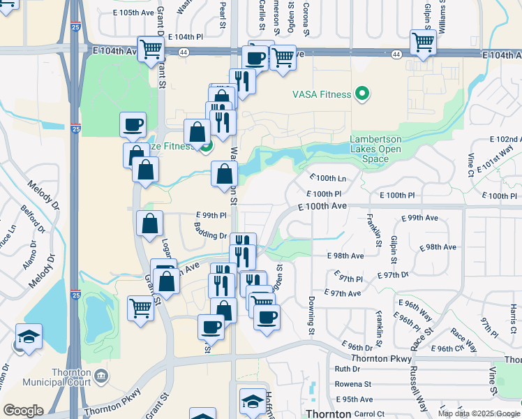 map of restaurants, bars, coffee shops, grocery stores, and more near 925 East 100th Avenue in Thornton