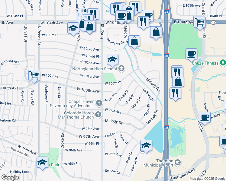 map of restaurants, bars, coffee shops, grocery stores, and more near 708 West 100th Avenue in Northglenn