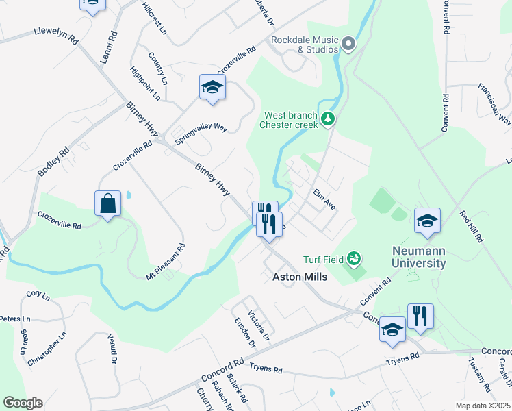 map of restaurants, bars, coffee shops, grocery stores, and more near 14 Hoag Lane in Aston