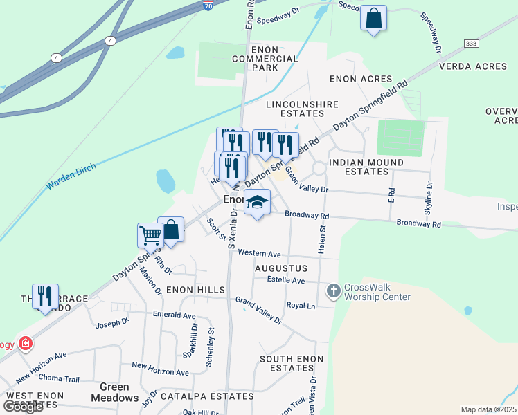 map of restaurants, bars, coffee shops, grocery stores, and more near 95 South Pleasant Street in Enon